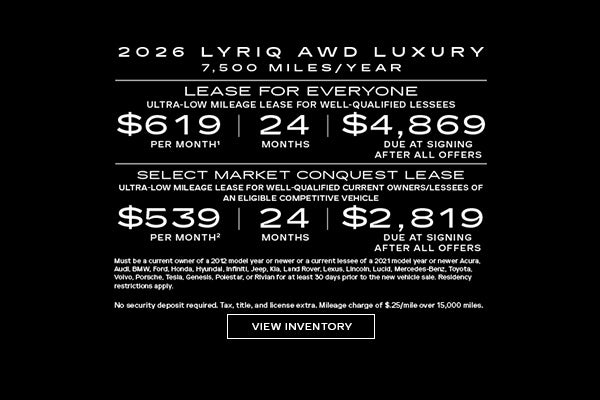 2026 LYRIQ AWD LUXURY. Ultra-low milege lease for well-qualified lessees. $619 per month 24 month...